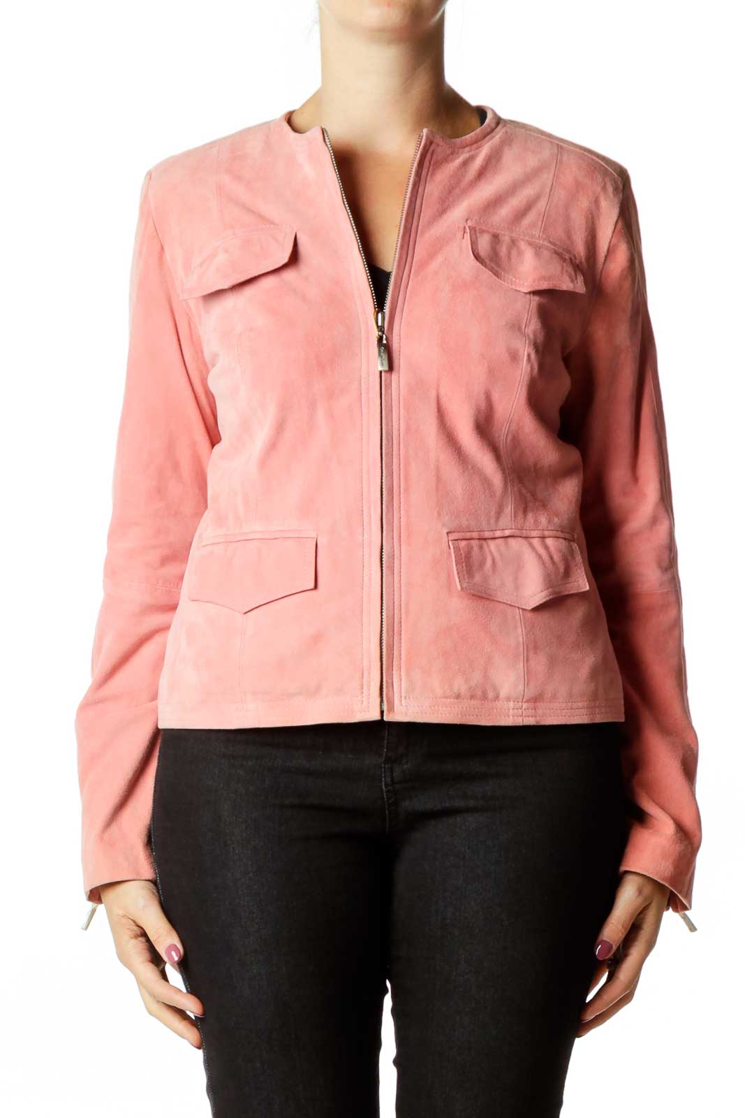 Pink Faux Suede Bomber Jacket Front