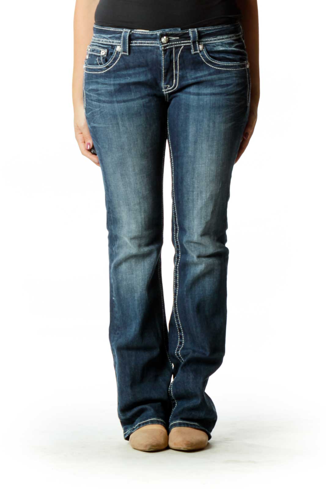 Blue Stitched Flared Jeans Front