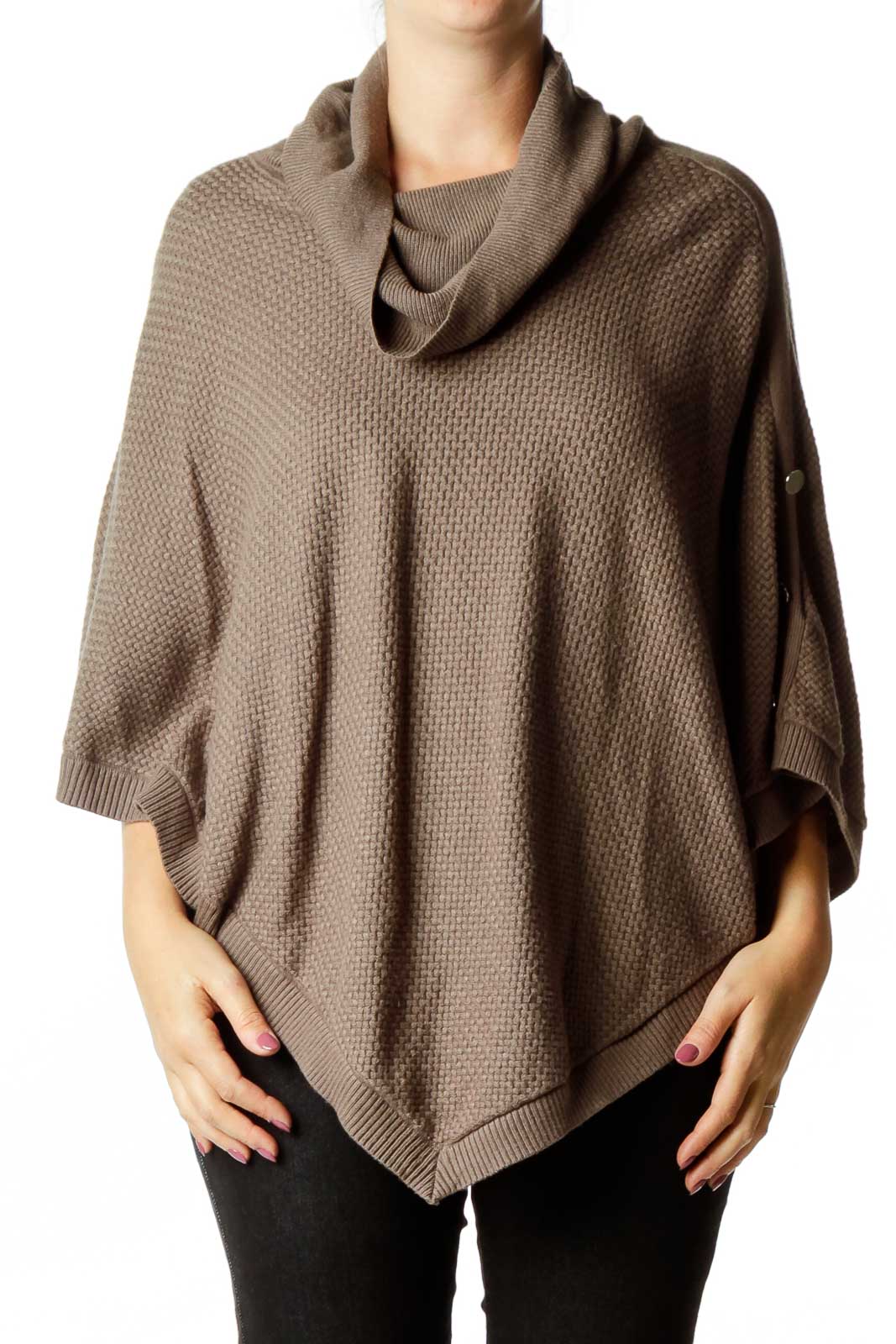 Brown Cowl Neck Poncho Front