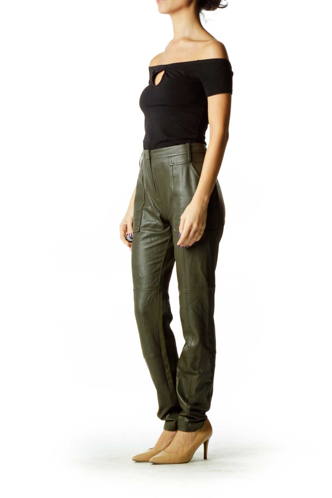 BCBG MaxAzria Green Faux Leather Skinny Pants Spandex Polyester