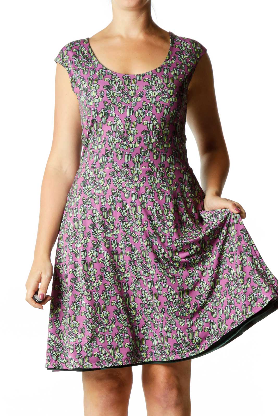 Purple Green Reversible Cactus Print Dress Front