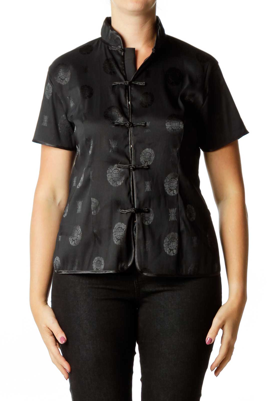 Black Chinese Print Buttoned Blouse Front