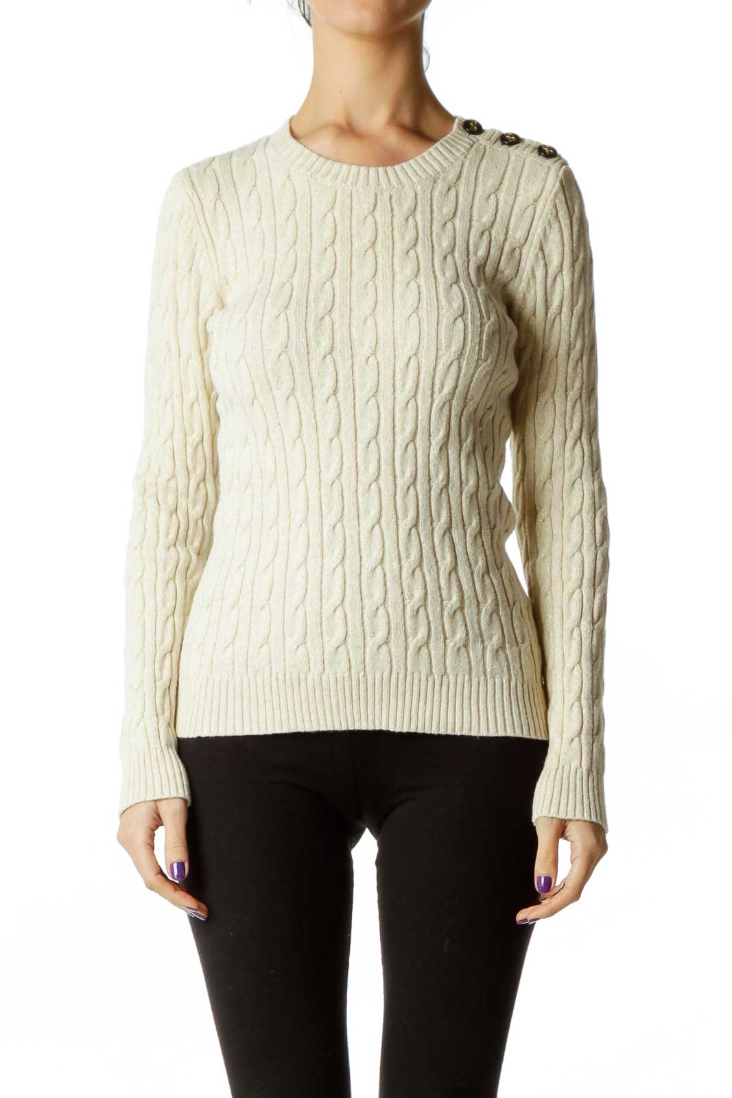 Beige Metallic Cable Knit Sweater Front