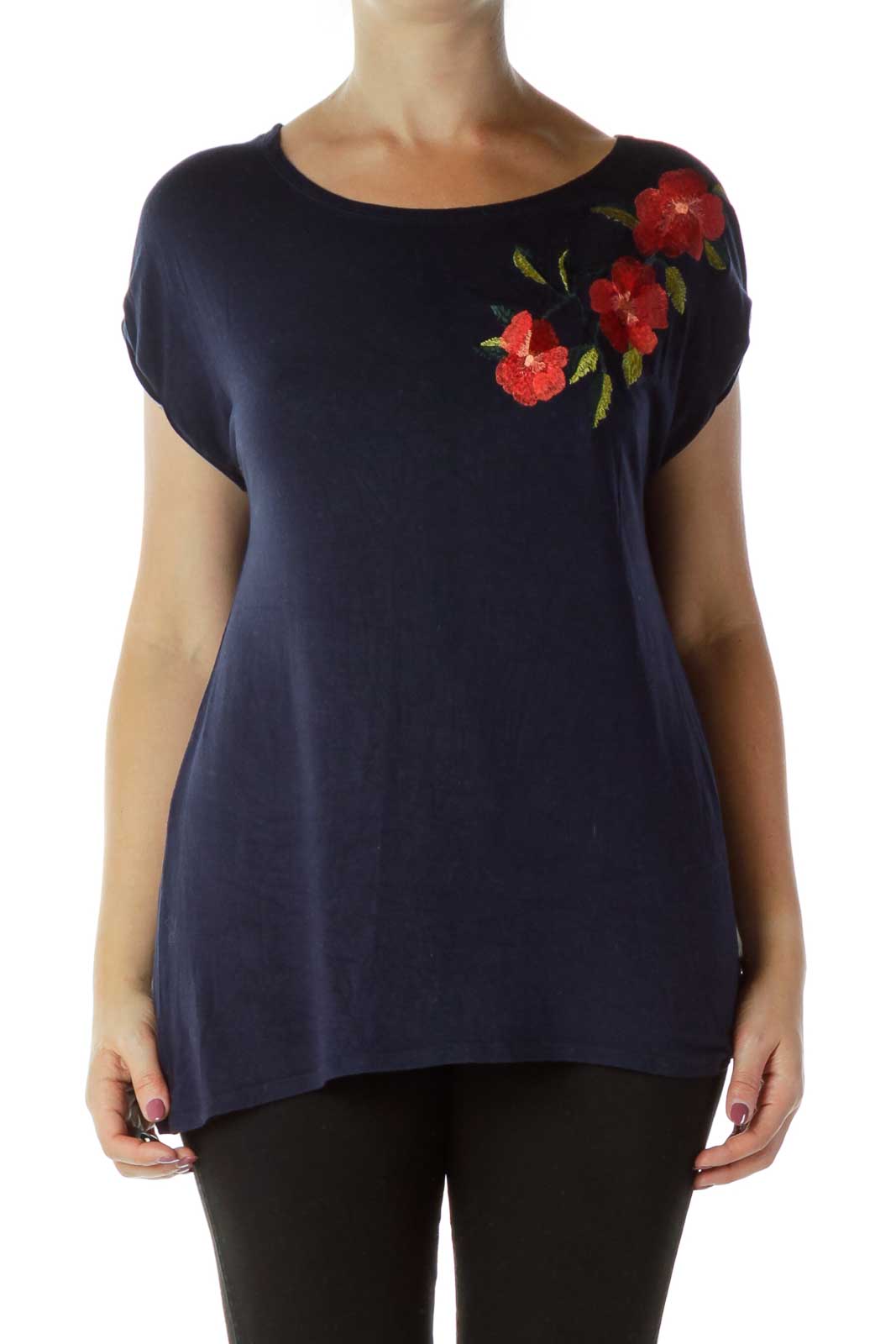Navy Embroidered Loose Blouse Front