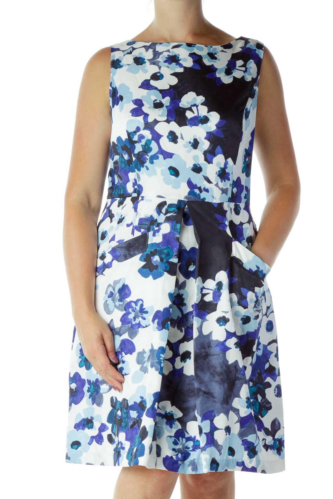 White & Blue Floral Work Dress Front