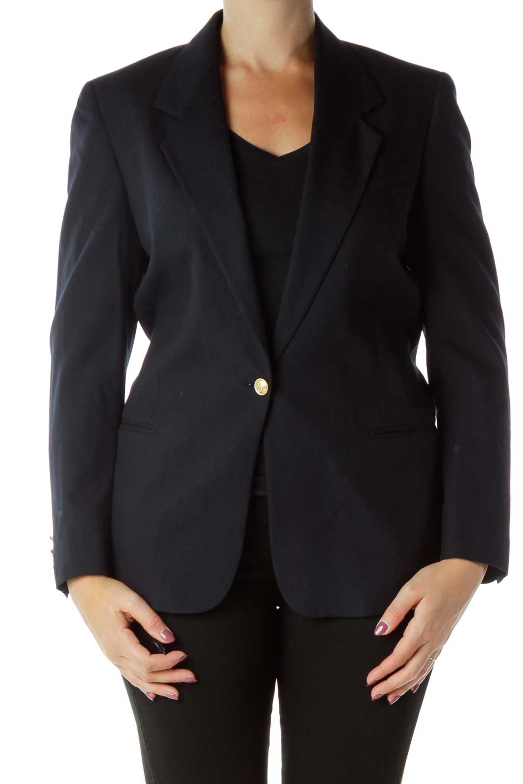 Navy Buttoned Blazer Front