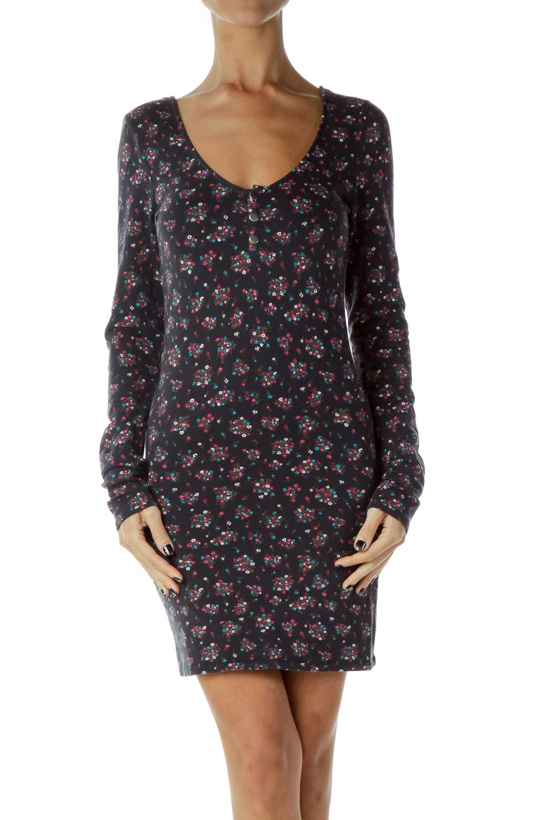 Navy Floral Knit Dress Front