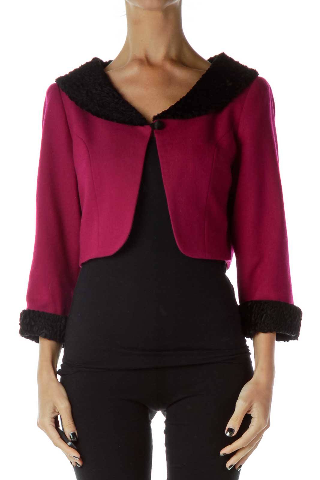 Pink Black Faux-Fur Cropped Jacket Front