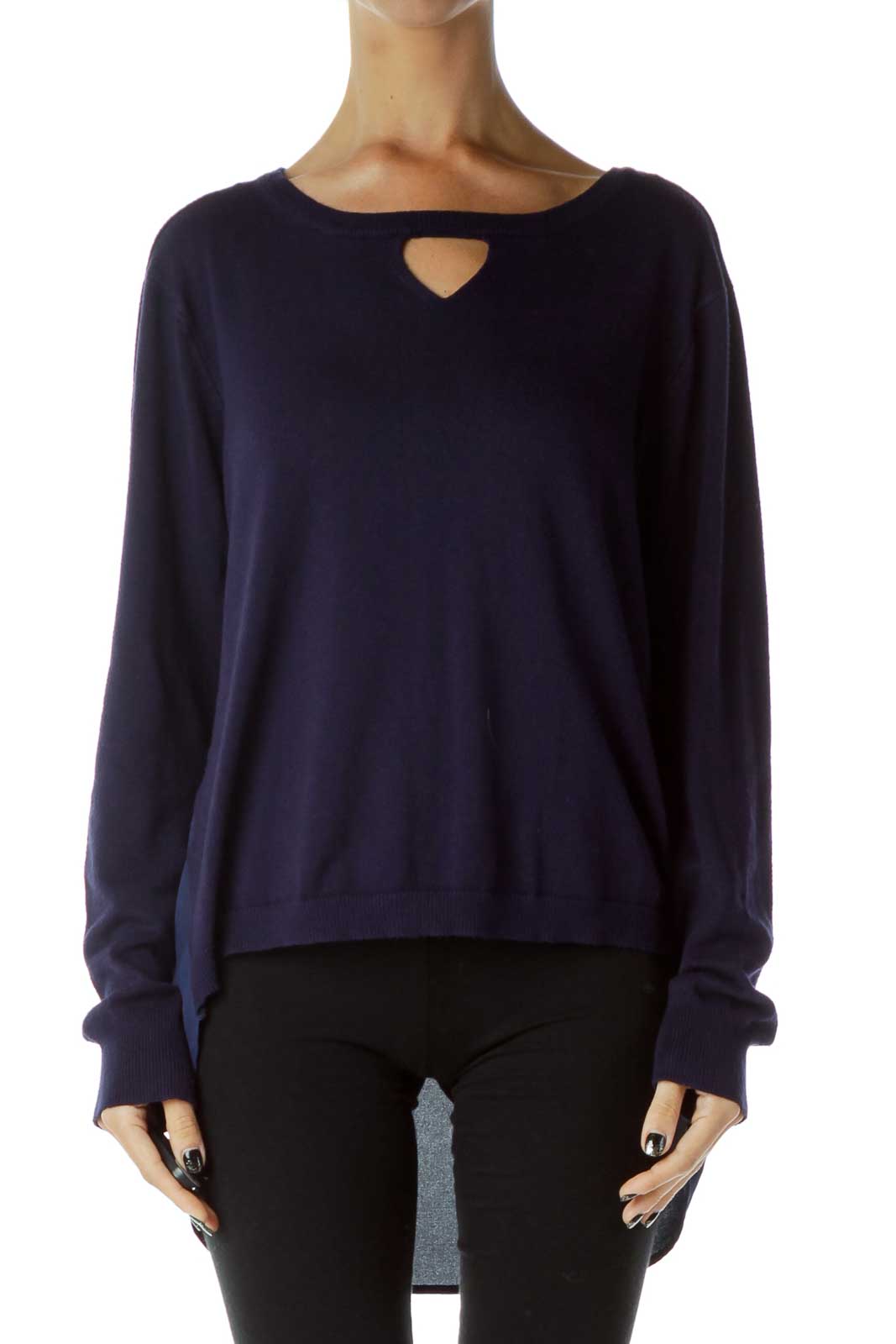 Navy Sheer Back Knit Sweater Front