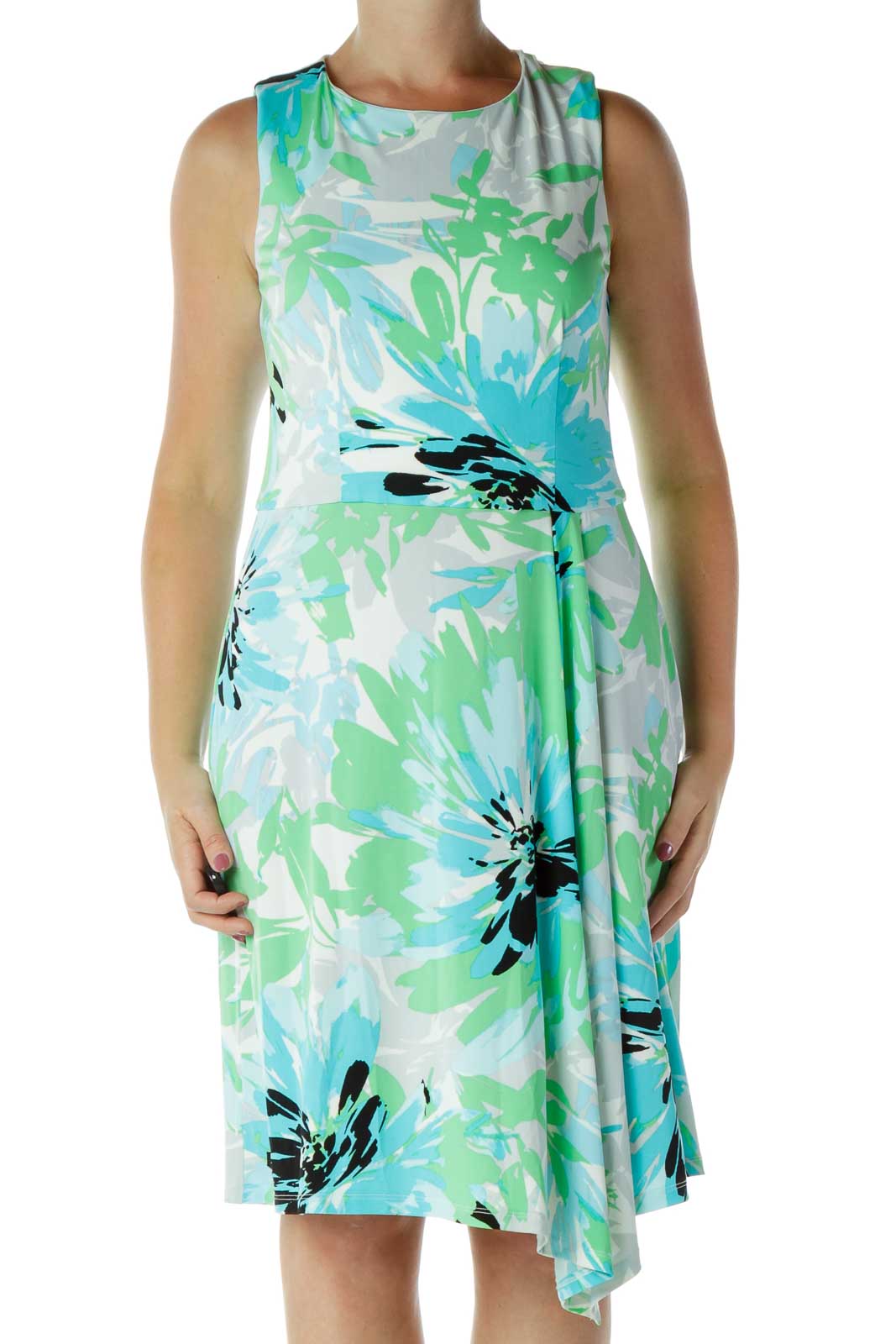 Green and Blue Floral Day Dress Front