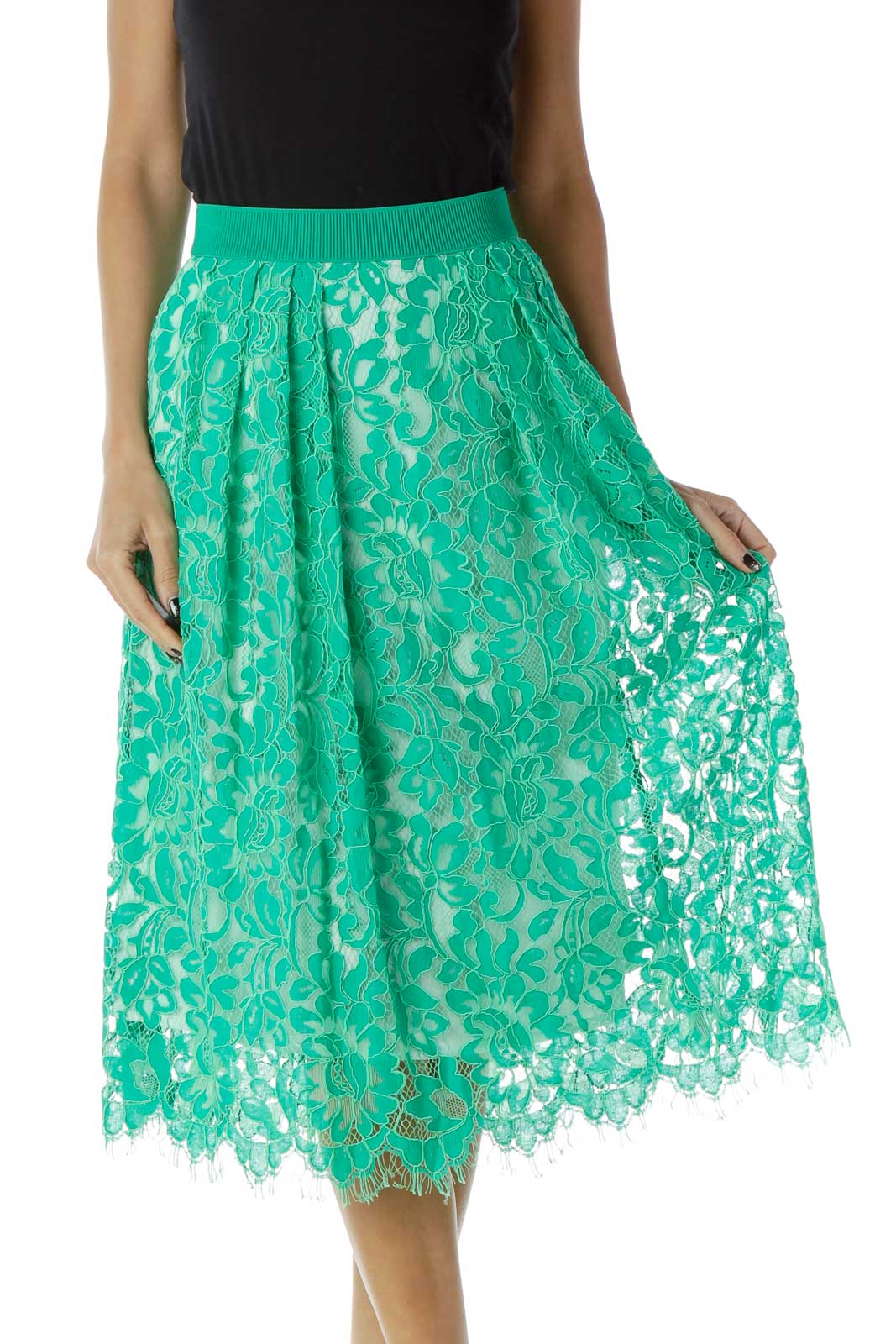 Teal Green Lace Knee-Length Flared Skirt Front
