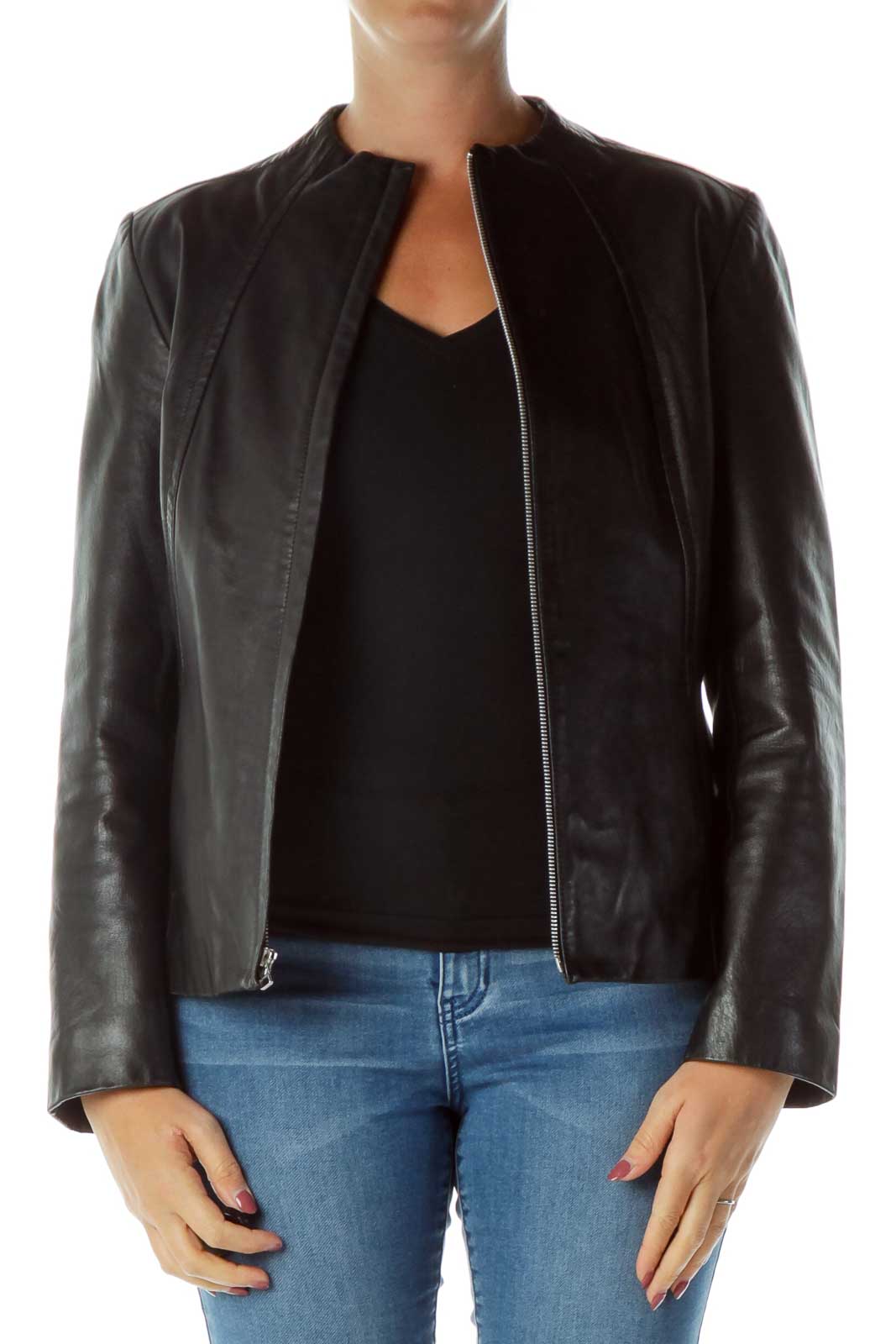 Black Genuine Leather Jacket Front