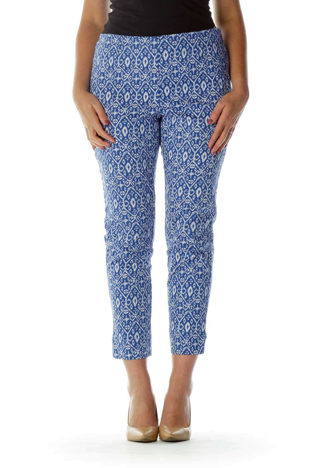 Blue White Print Cropped Pants Front