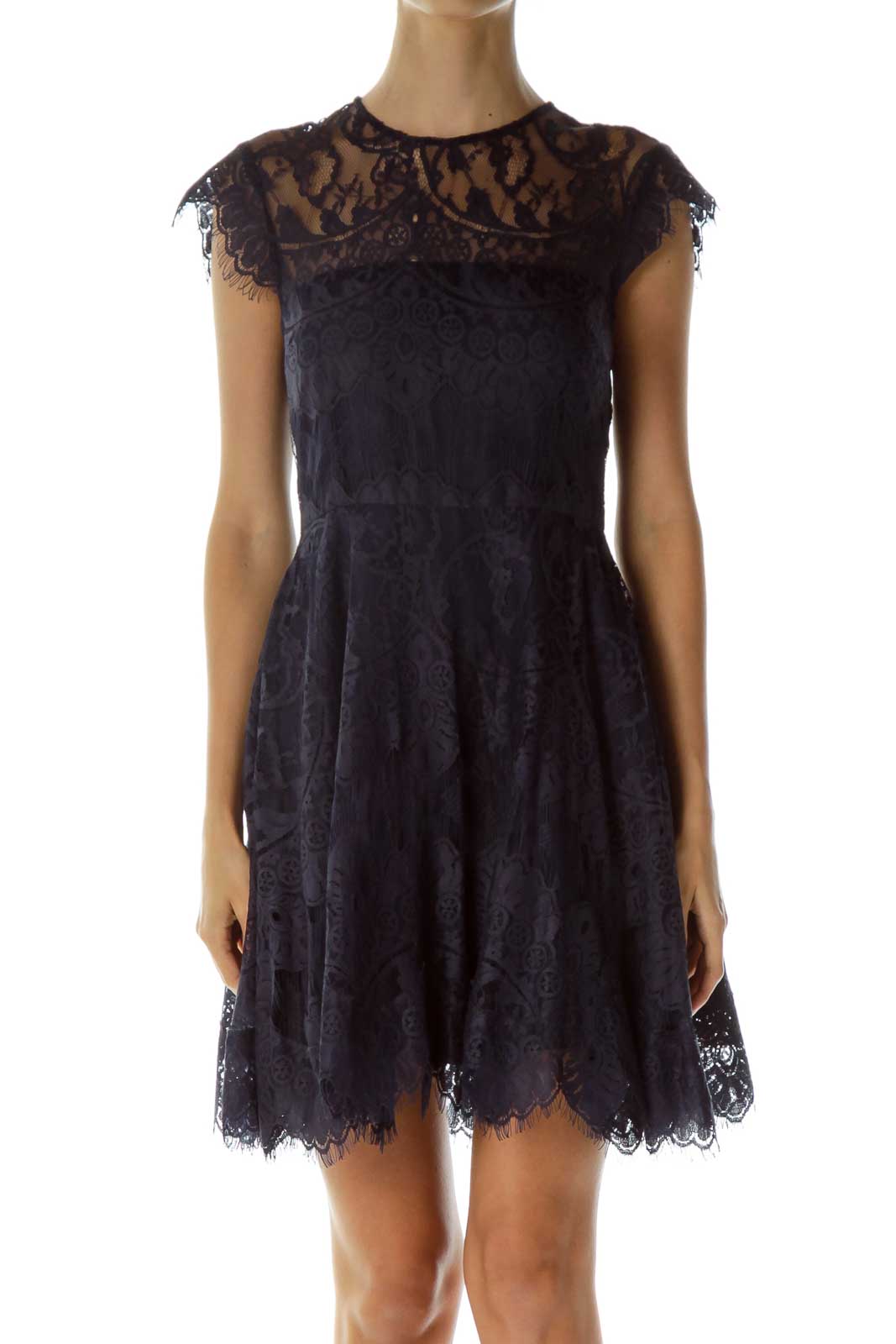 Navy Lace Open Neck Cocktail Dress Front