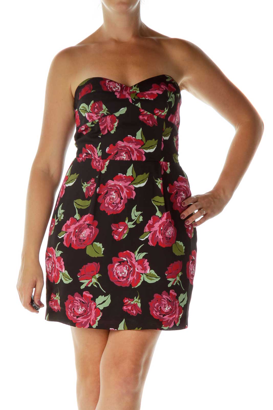 Black Pink Flower Bustier Dress Front