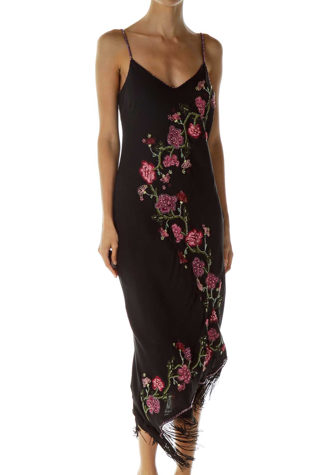Black Pink Beaded Cocktail Dress Front