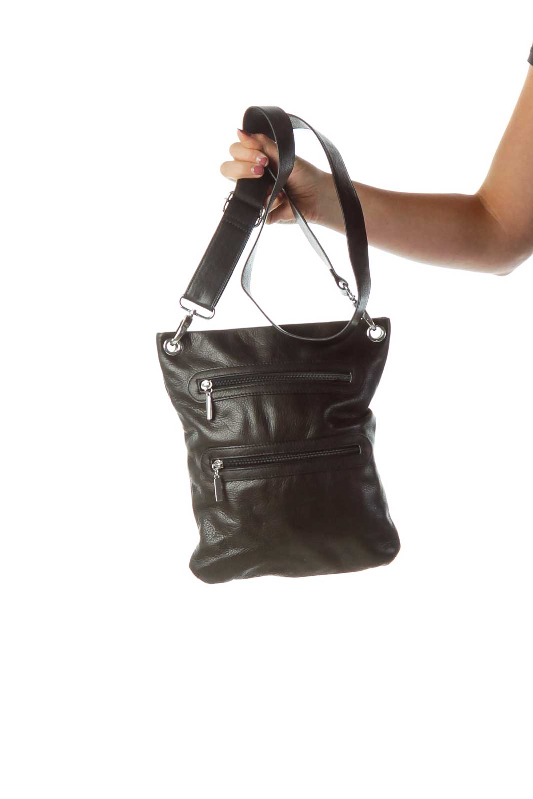 Black Leather Pocketed Cross Body Bag Front
