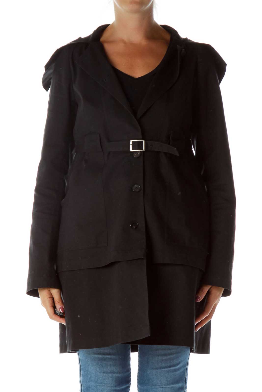 Black Hooded Trench Coat Front