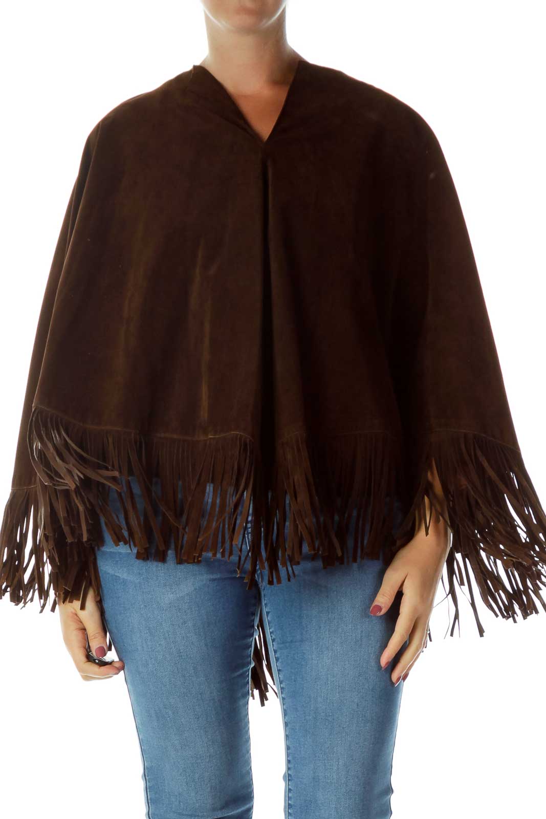 Brown Suede Fringe Poncho Front