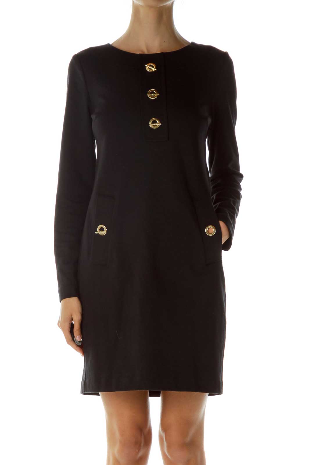 black dress with gold buttons down the front