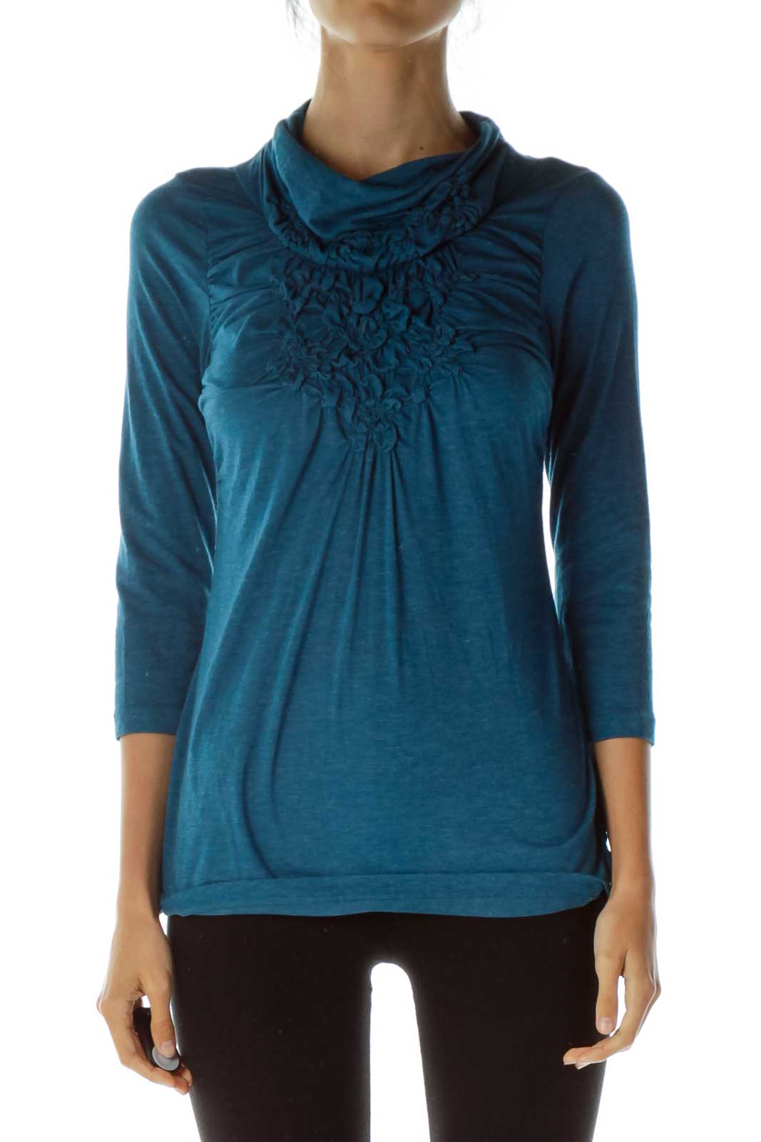 Blue Ruffled Neck Knit Top Front