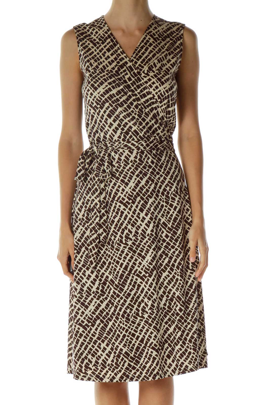 Brown and Beige Printed Wrap Dress Front