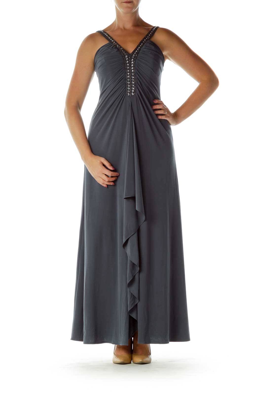 JS Boutique Gray Beaded Evening Dress Polyester Spandex SilkRoll