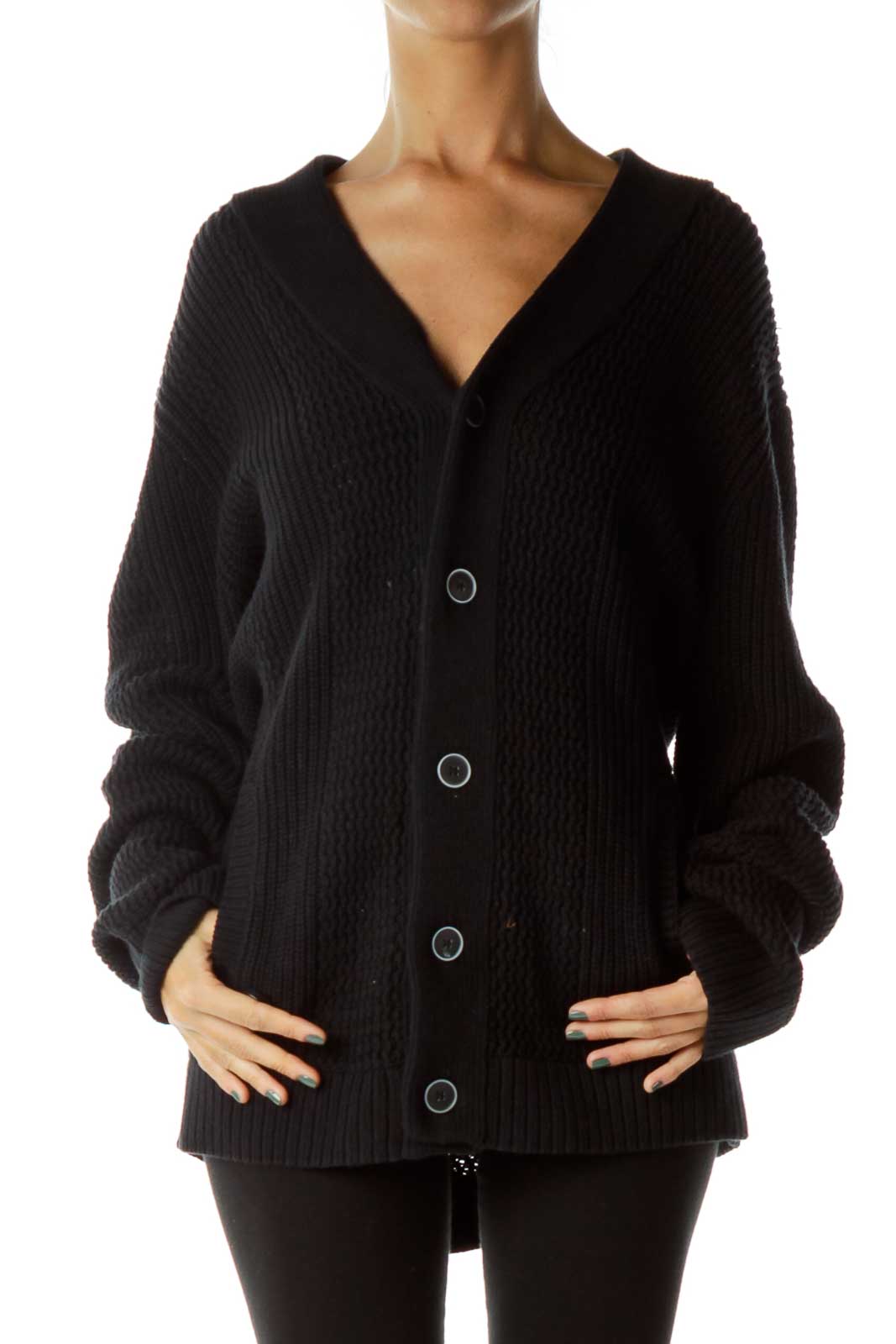 Black Knit Buttoned Cardigan Front