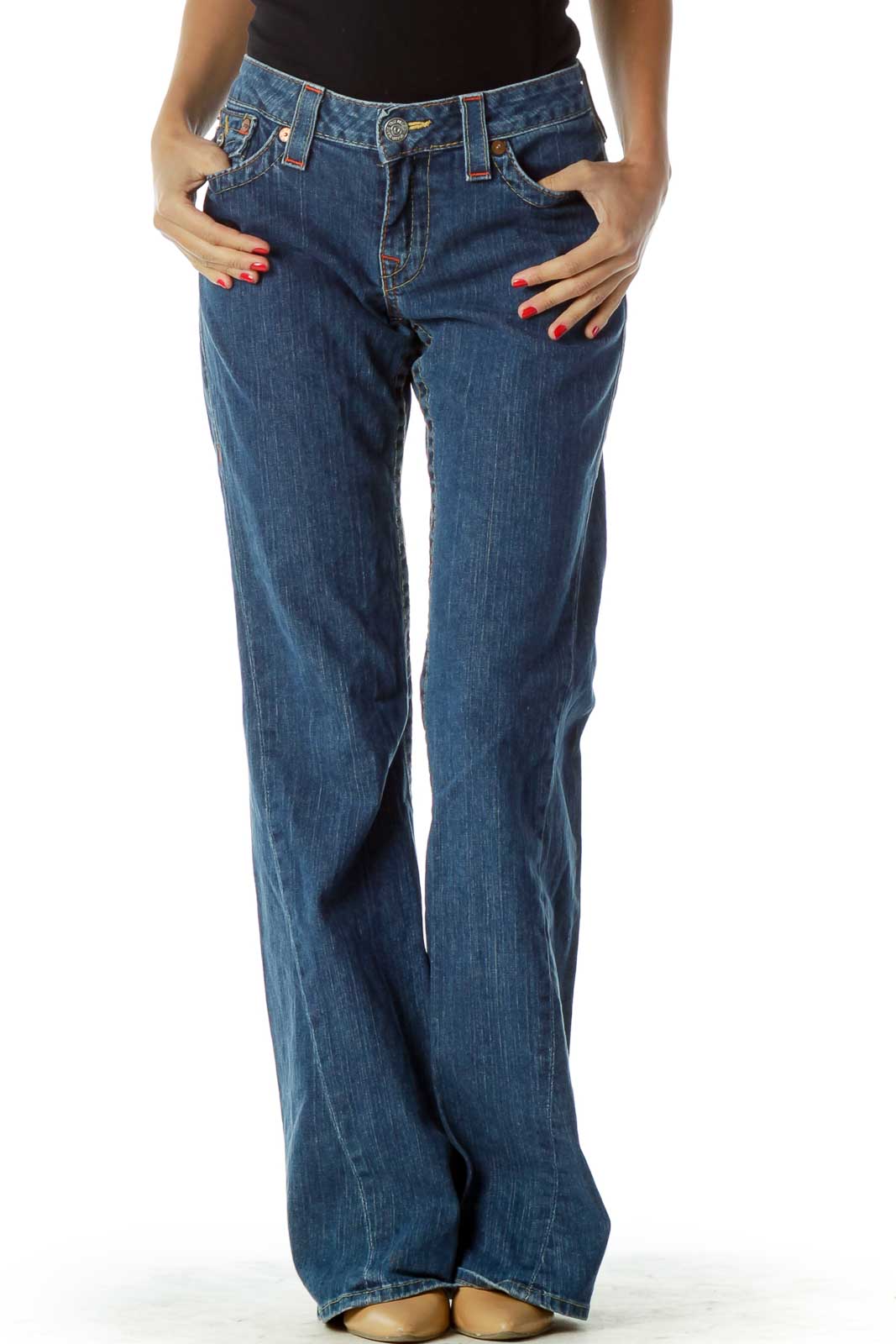 Navy Flared Stitched Jeans Front
