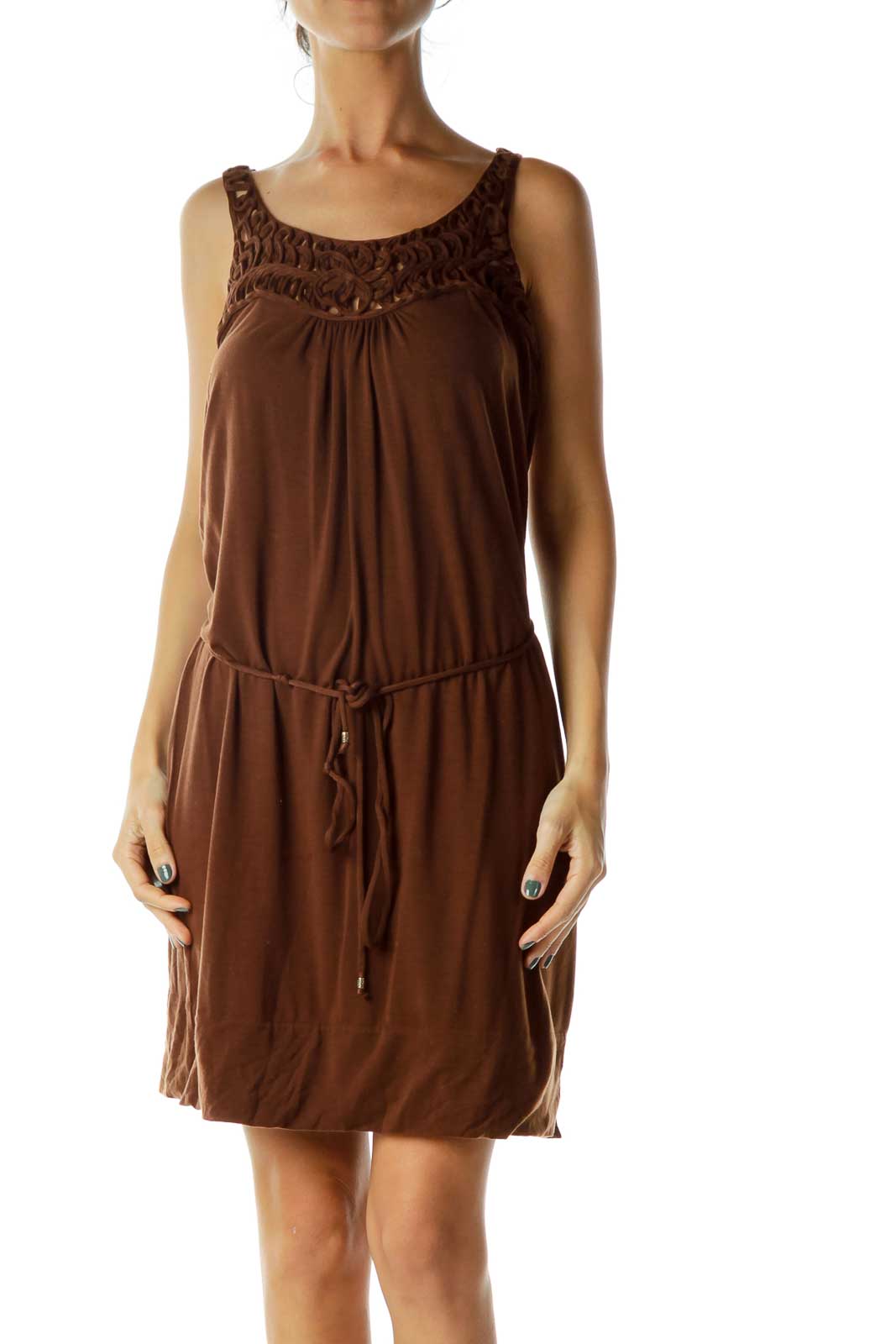 Brown Crocheted Jersey Dress Front