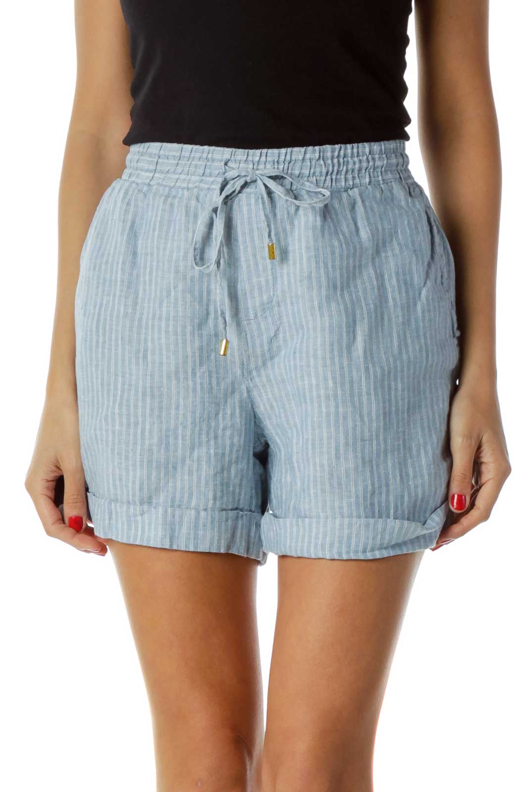 Blue White Pinstripe Shorts Front