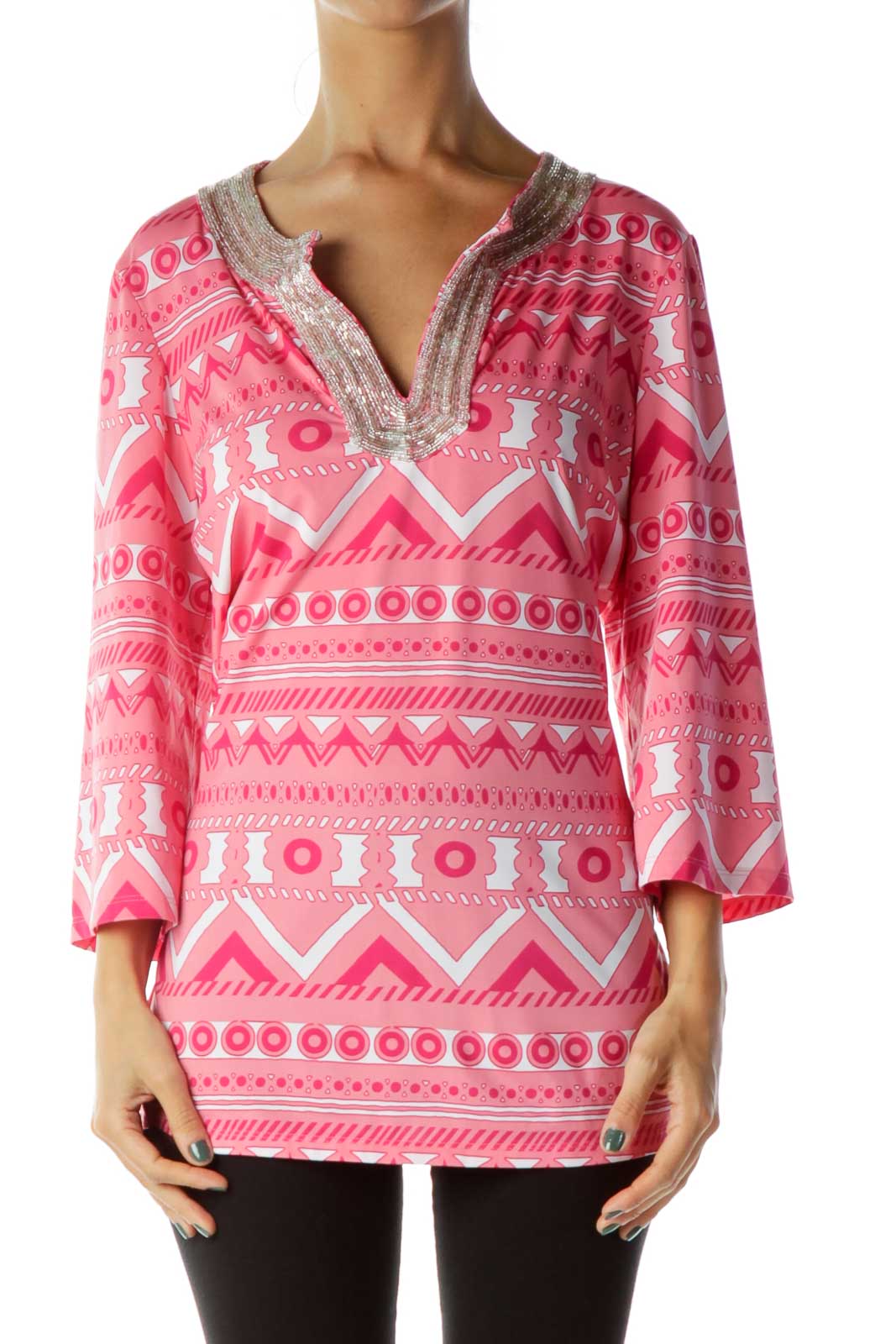 Pink Beaded Aztec Print Blouse Front