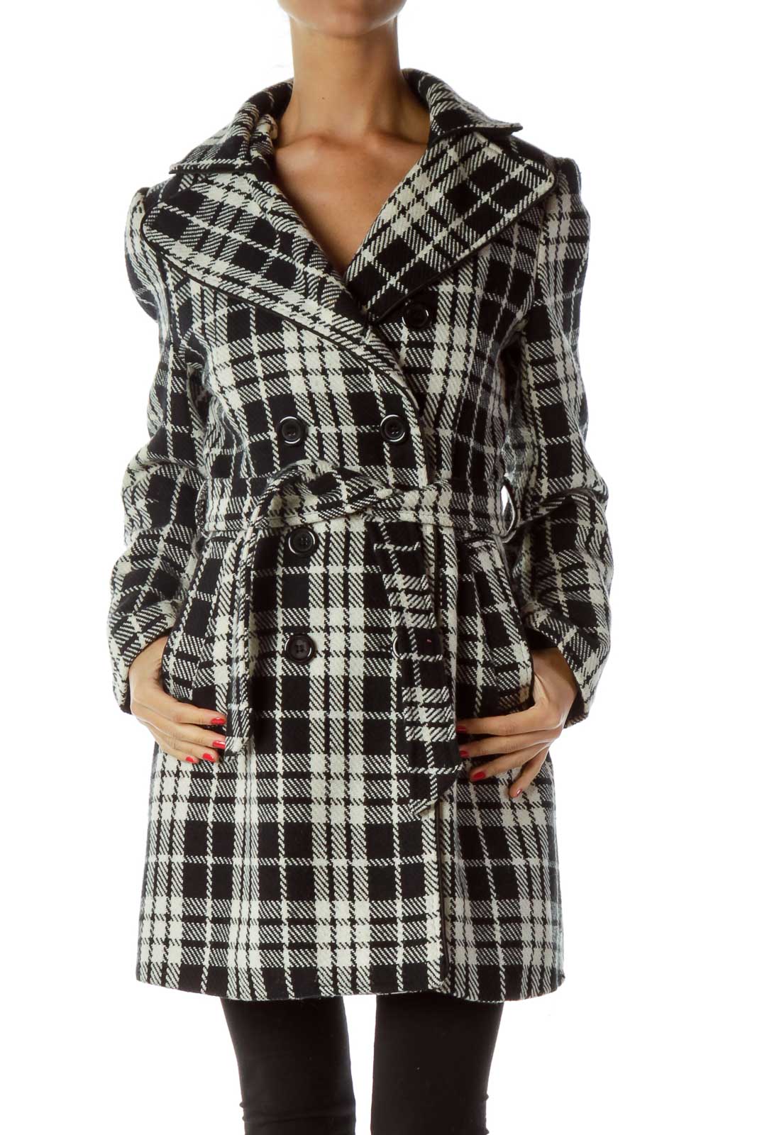 Black White Plaid Double Breasted Coat Front