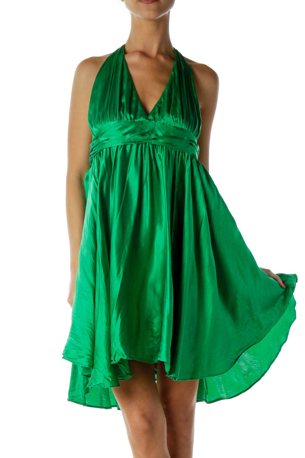 Emerald Green Silk Halter Neck Dress Front