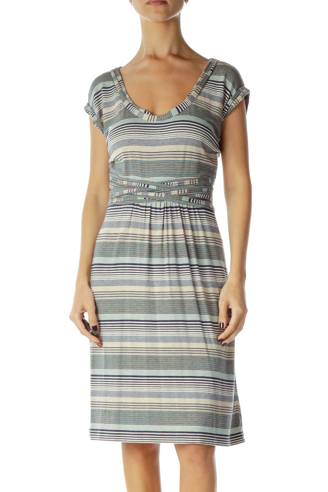 Navy Beige Striped Belted Day Dress Front