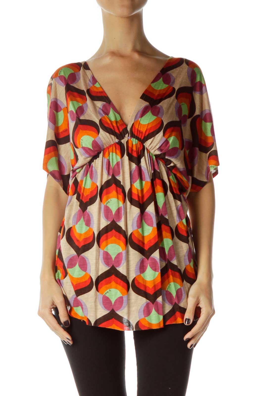 Brown Red Print Blouse Front