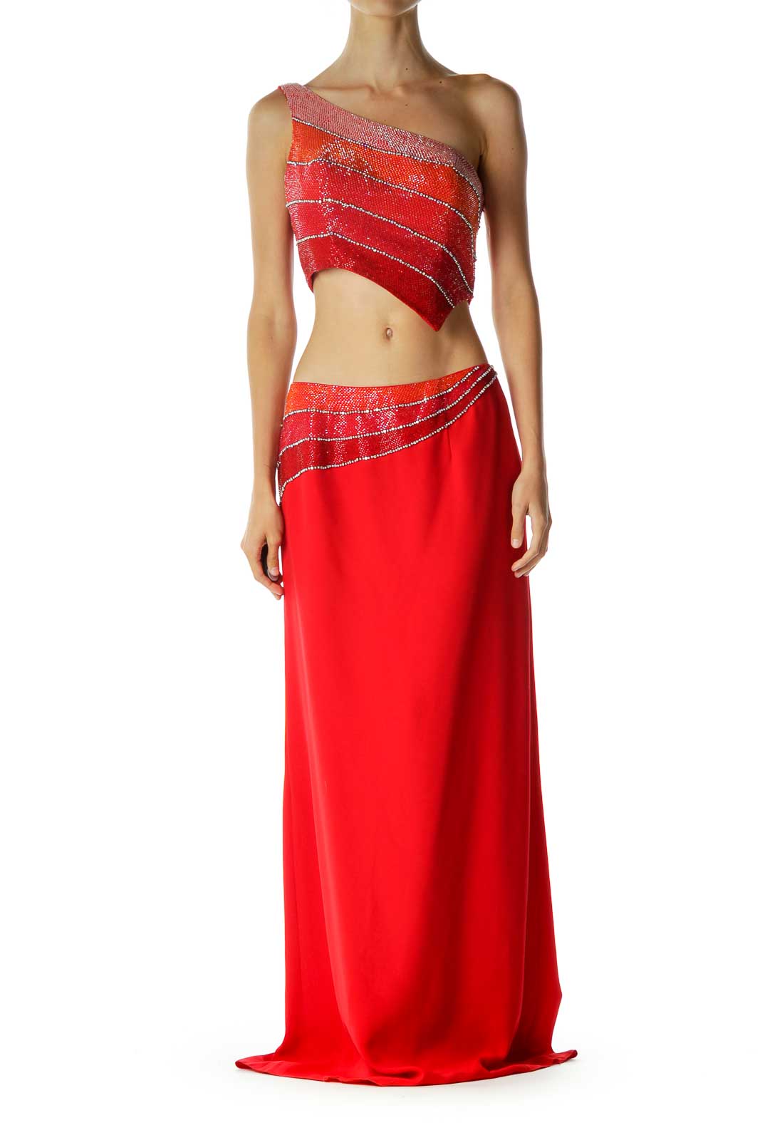 Red Beaded Off Shoulder Langha Gown Front