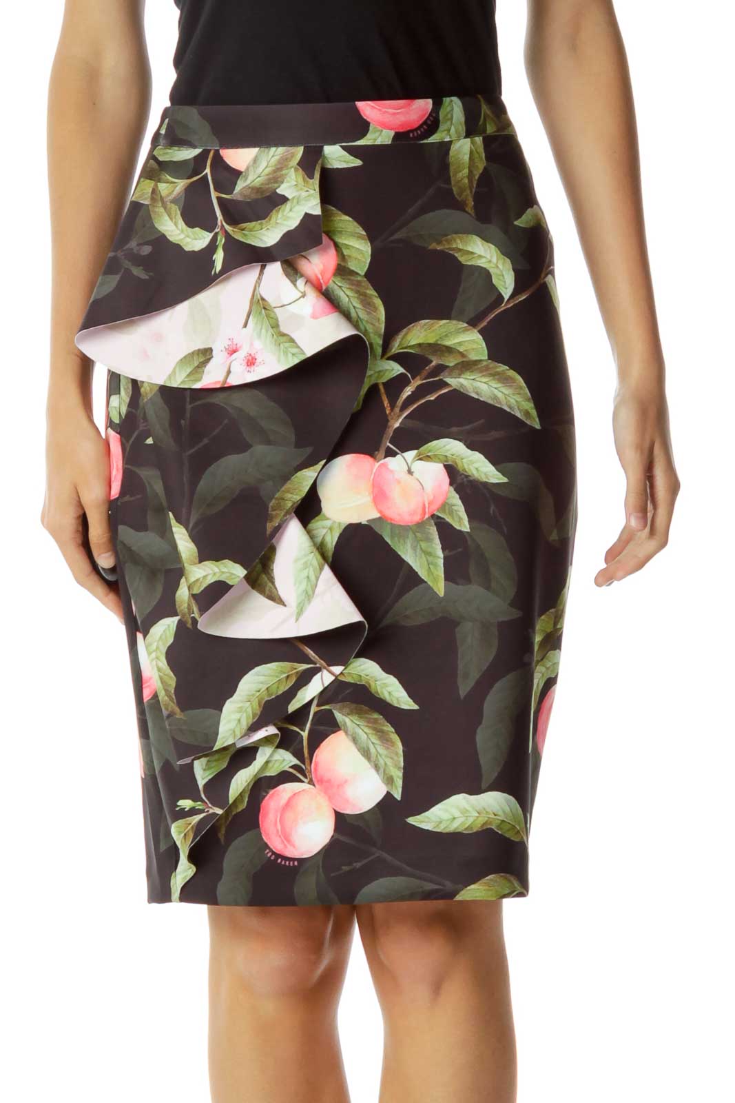 Floral Printed Black Pencil Skirt with Ruffle Front