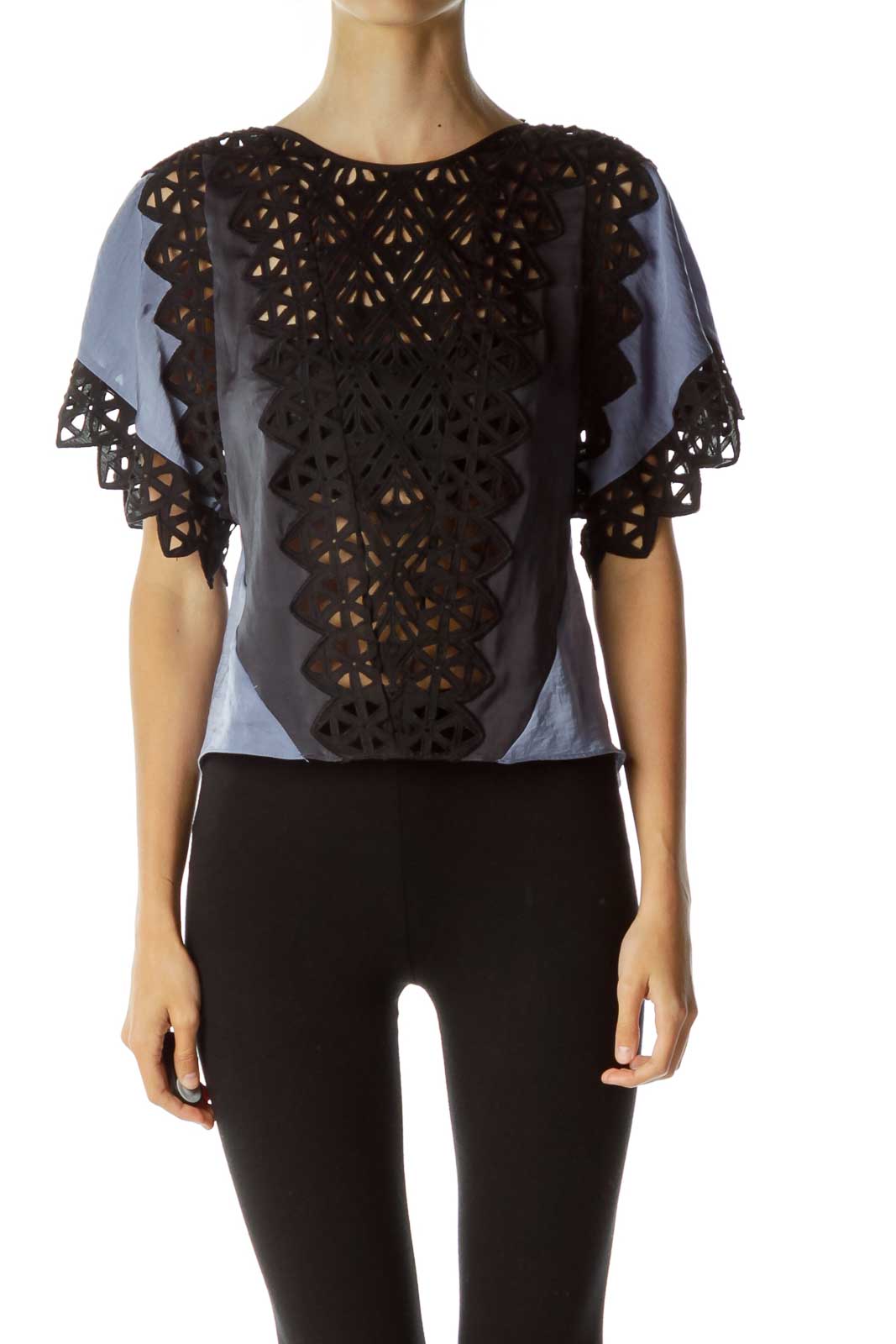 Blue Black Embroidered Blouse Front