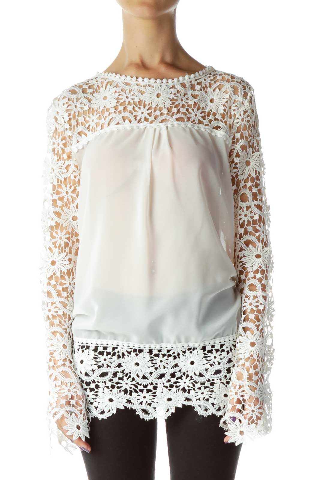 White Embroidered Lace Longsleeve Blouse Front