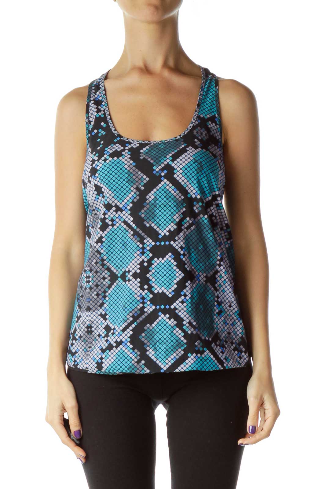 Blue Pink Racerback Geometric Print Tank Front