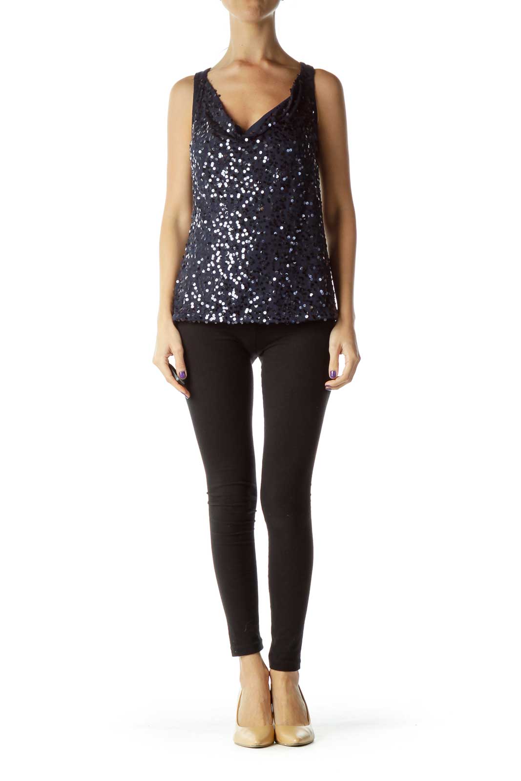 INC - Navy Sequined Tank Polyester Rayon | SilkRoll