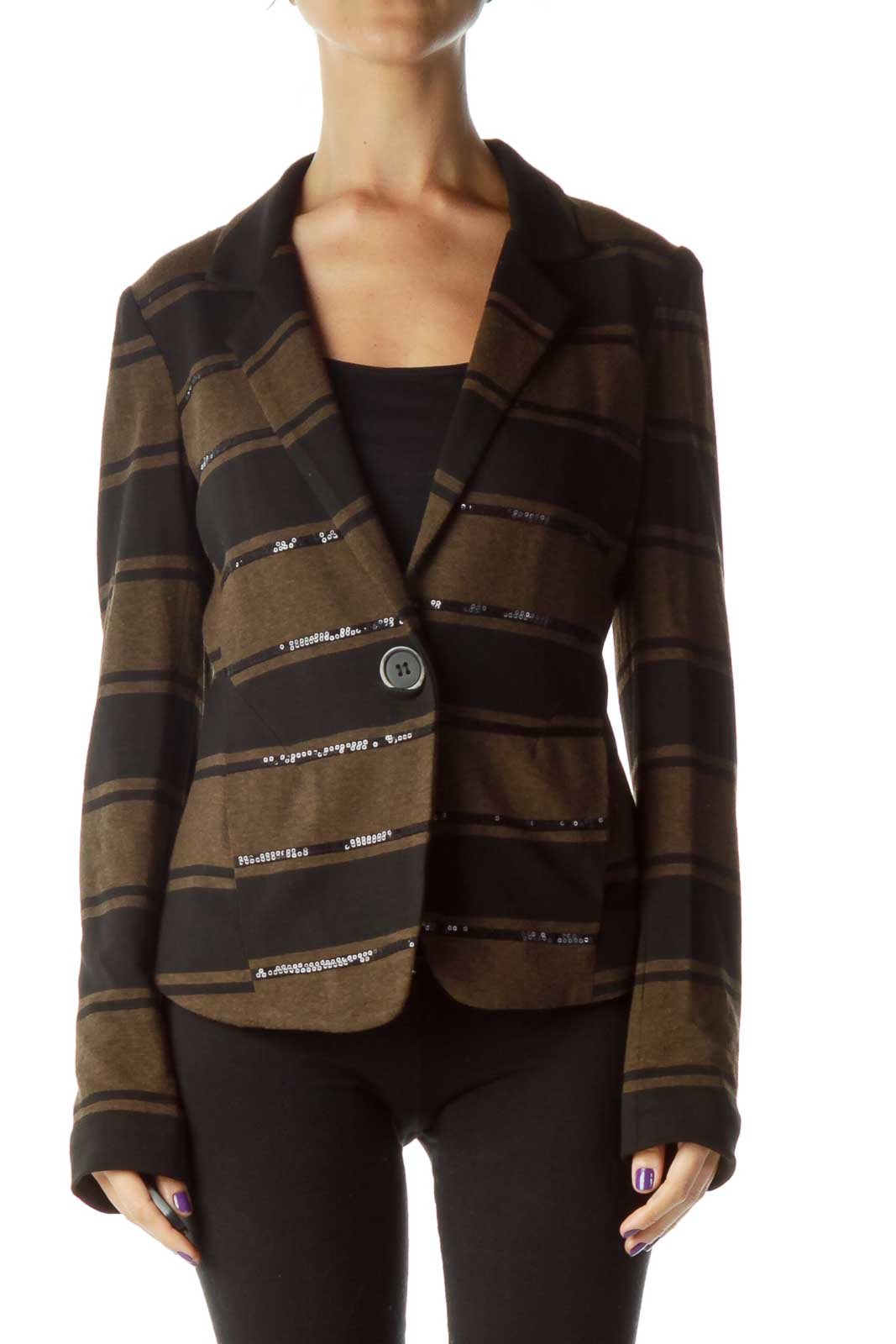 Black Brown Stripe Sequin Detailed Jacket Front