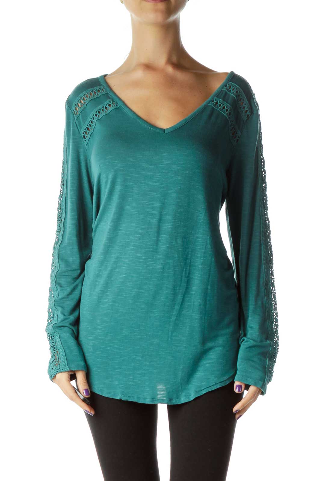 Green Embroidered Long Sleeve Blouse Front