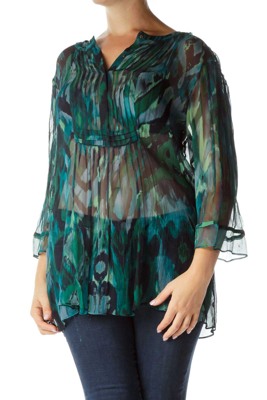 Green Blue Sheer 3/4-Sleeve Top Front