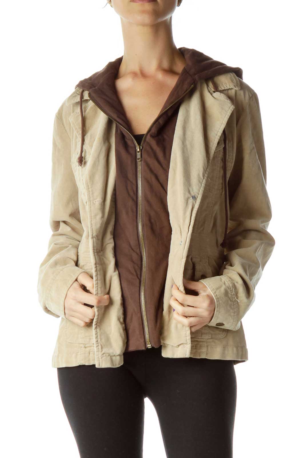 Brown Hooded Corduroy Jacket Front