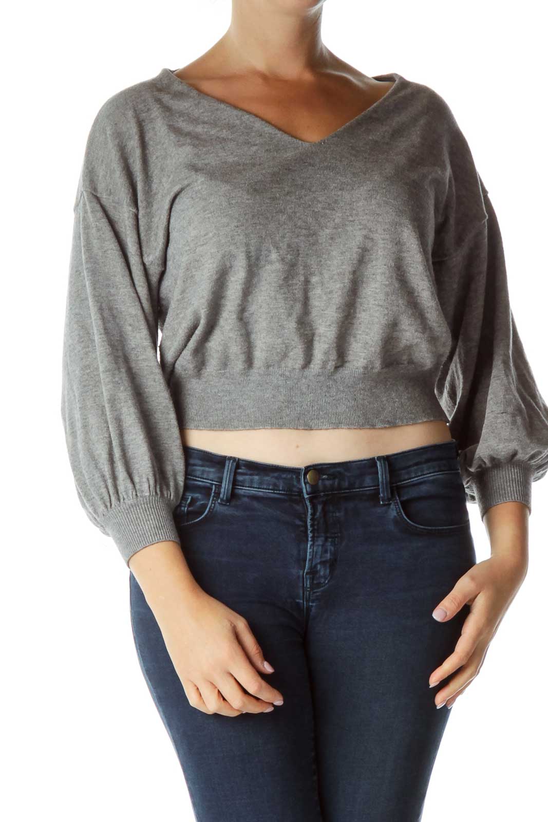 Gray Cropped V-neck Sweater Front