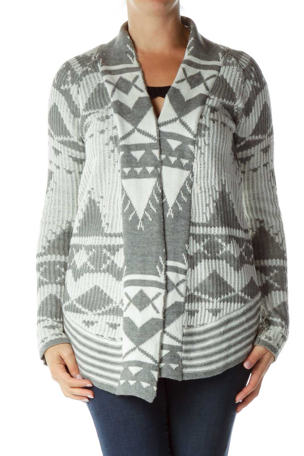 Gray White Printed Knit Sweater Front