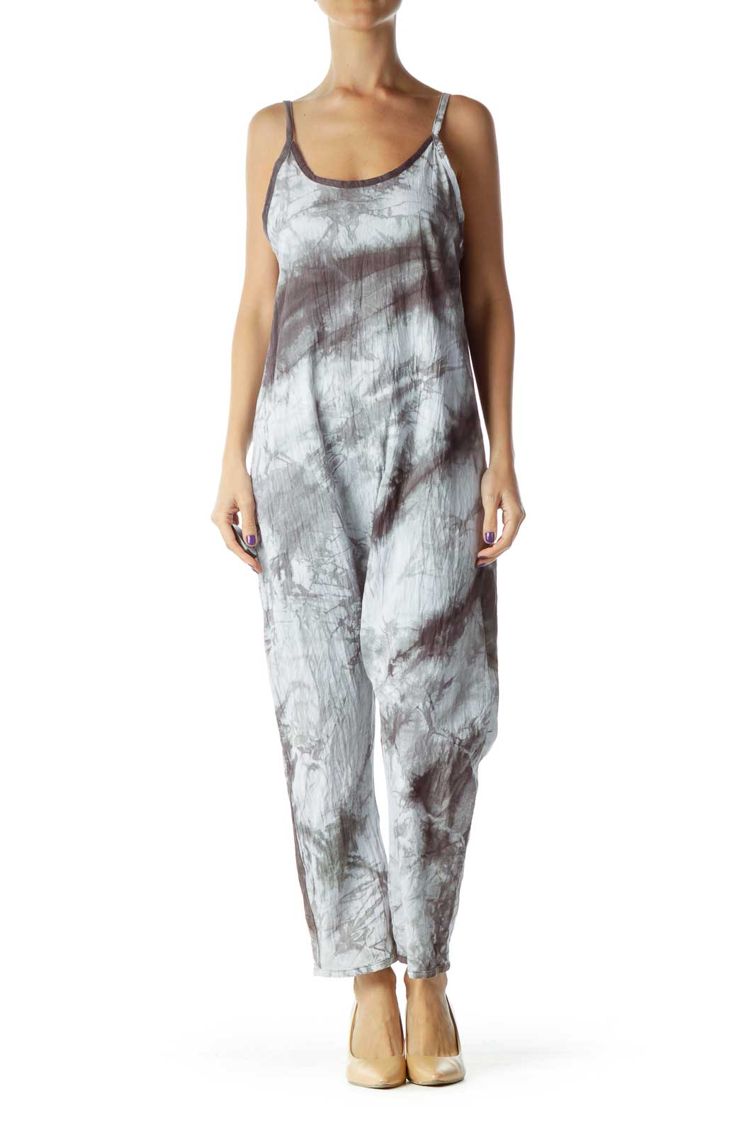 Gray Tie Dye Cropped Jumpsuit Front