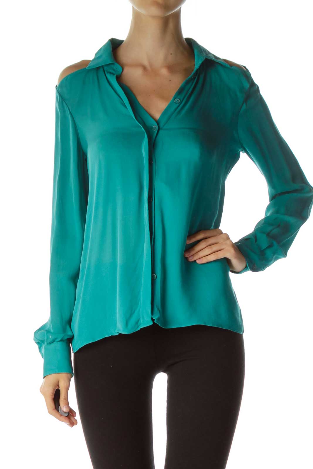 Green Cut-Out Silk Blouse Front